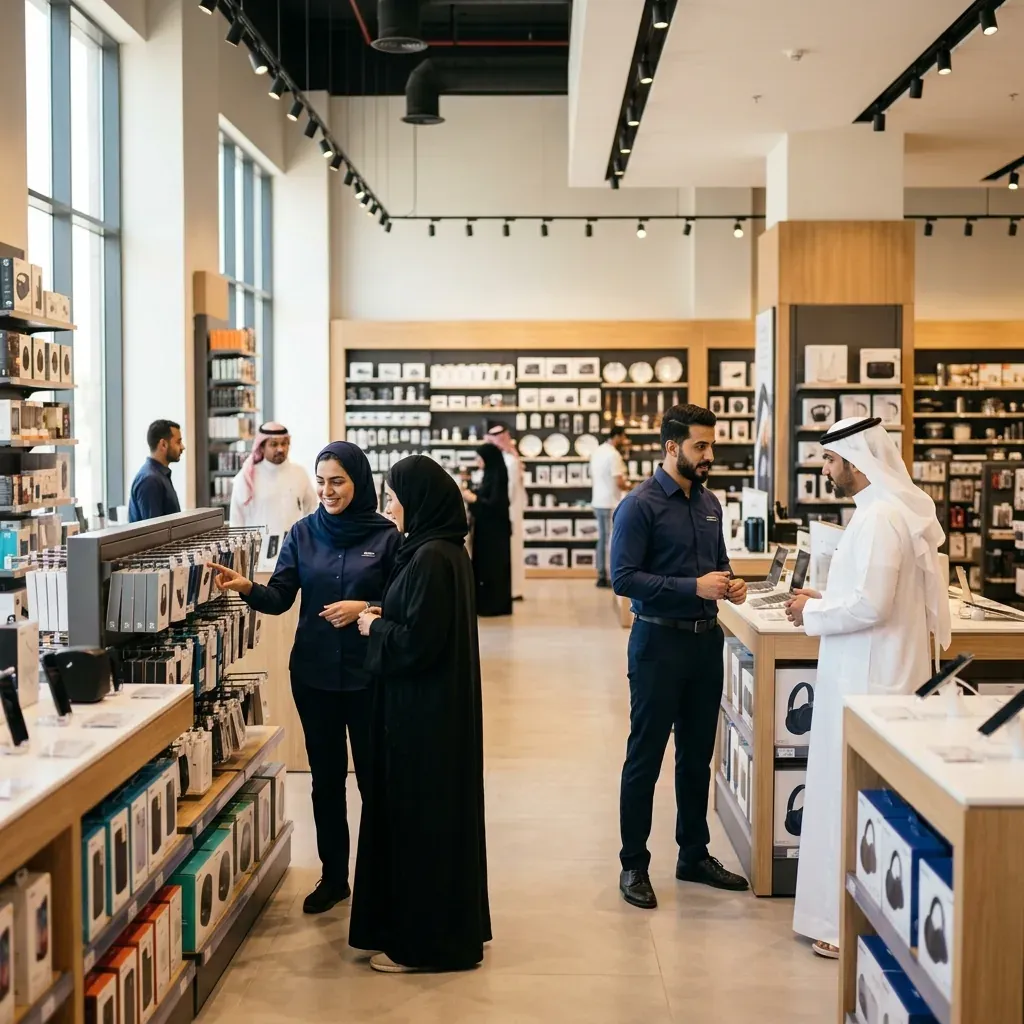 موظفو بيع بالتجزئة يساعدون العملاء داخل متجر إلكترونيات